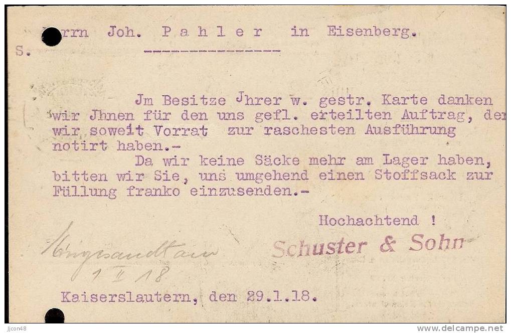 Bayern 1918  Schuster & Sohn, Kaiserslautern  29.1.18 - Covers & Documents
