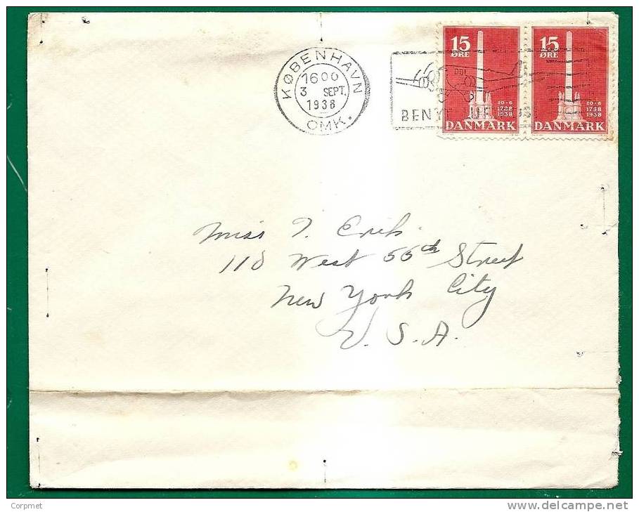DANEMARK - DENMARK - 1938 COVER Pair Of ABOLITION Du SERVAGE Yvert # 253 - AIRPLANE Cancel  To NEW YORK - Covers & Documents