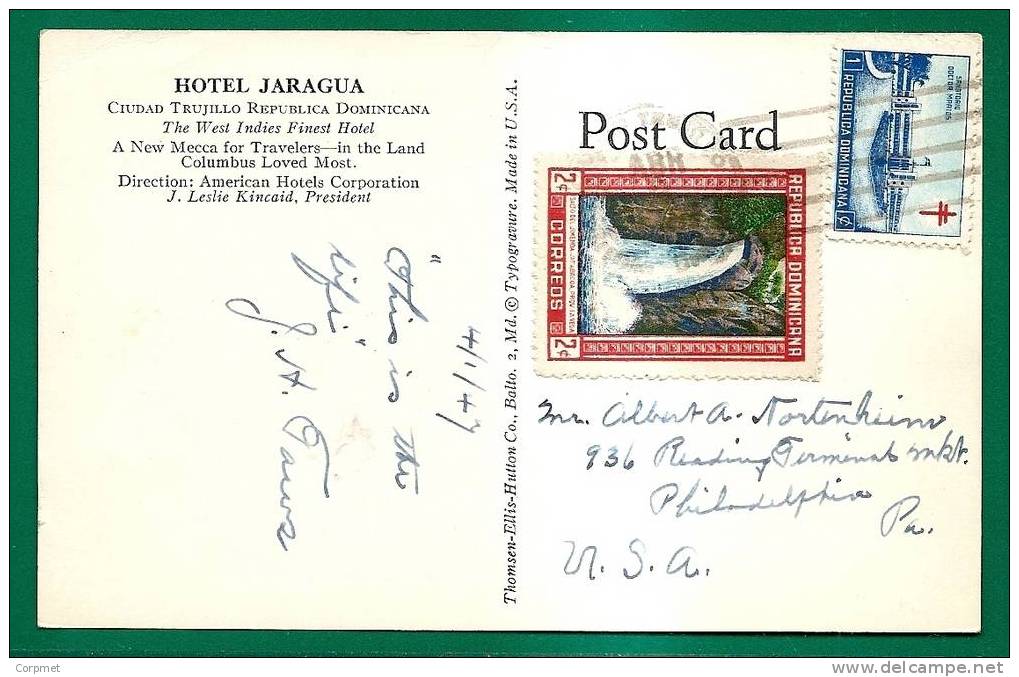 SWIMMING On HOTEL JARAGUA POSTCARD - CIUDAD TRUJILLO - 1947 POSTCARD - DOMINICAN  REPUBLIC - VF Stamps - Schwimmen