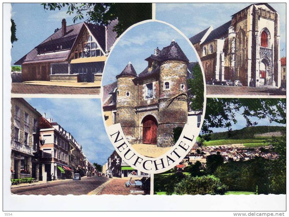 Cpsm  76 SEINE MARITIME Neuchatel En Bray   LA GARE LA GRAND RUE L EGLISE VUE GENERALE FERME DES TOURELLES - Neufchâtel En Bray