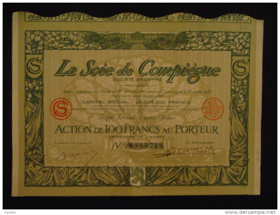 Action De 100 F "La Soie De Compiègne" 1926 Siège Social Paris  Excellent état. Textile - Textiel