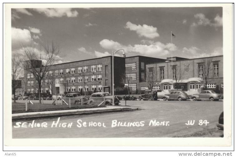 Billings Montana High School On 1940s Vintage Real Photo Postcard, Autos - Billings