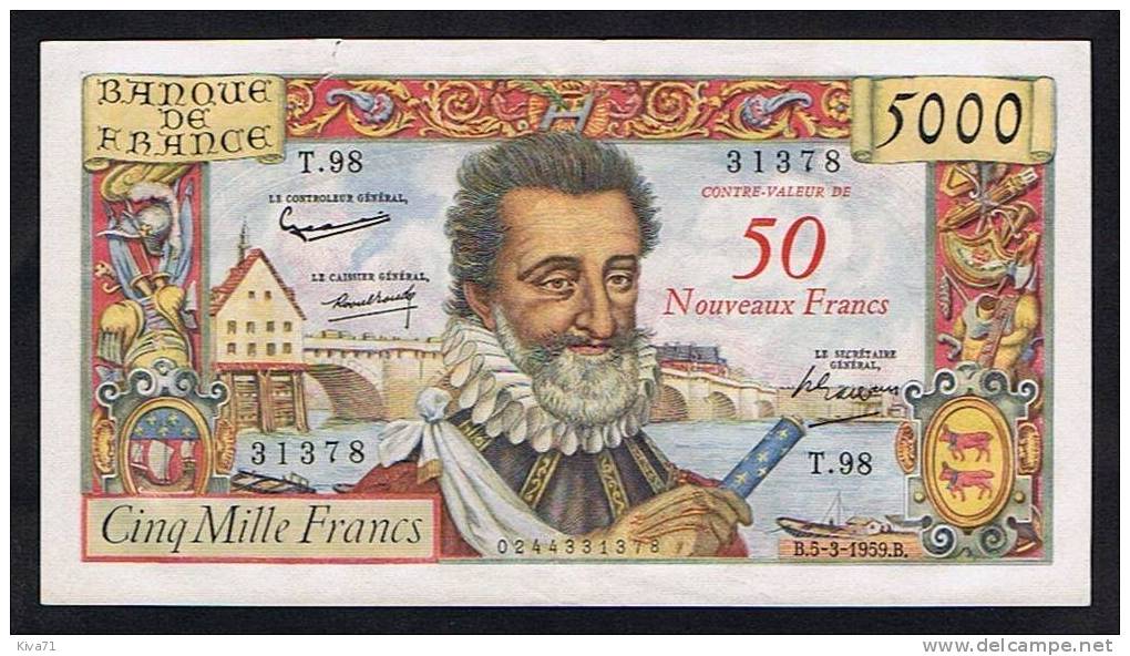 50  NOUVEAUX FRANCS Sur 5000F "HENRI IV" TTB+/SUP Du 5 3 1959      F54 - 1955-1959 Surchargés En Nouveaux Francs