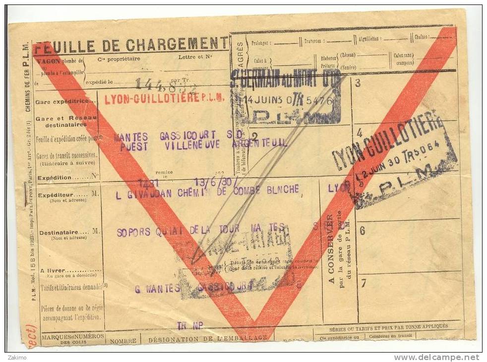 Feuille De Chargement P.L.M 1930 Lyon - Europe