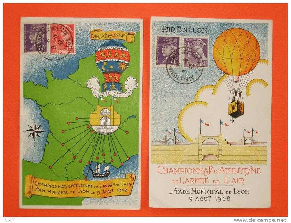 2 Cartes Du Championnat D´athlétisme De L´armée De L´air Ayant Voyagées Par Ballon De 1942.  TB - Montgolfier