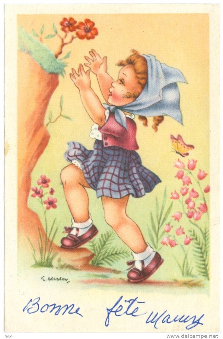 Bonne Fête  , Fillette Ceuillant Fleur Illustration De J. Gougeon   - Jd07 - Gougeon