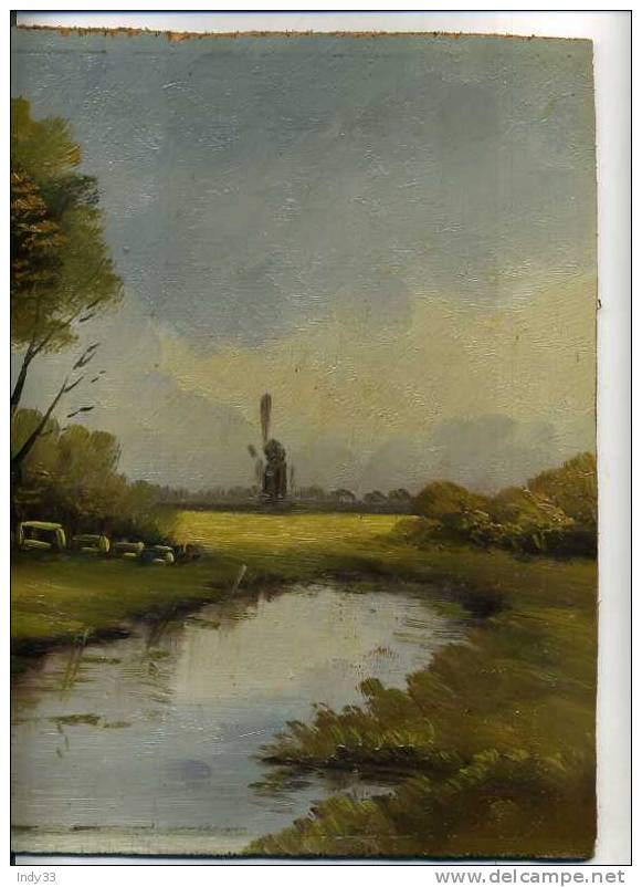 - PAYSAGE AVEC UN ETANG ET UN MOULIN A VENT. HUILE SUR CONTRE-PLAQUE NON SIGNEE - Huiles