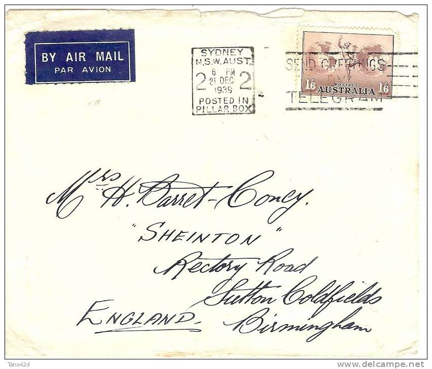 REF LVP6 - AUSTRALIE LETTRE AVION SYDNEY /  BIRMINGHAN 2/12/1939 - Postmark Collection
