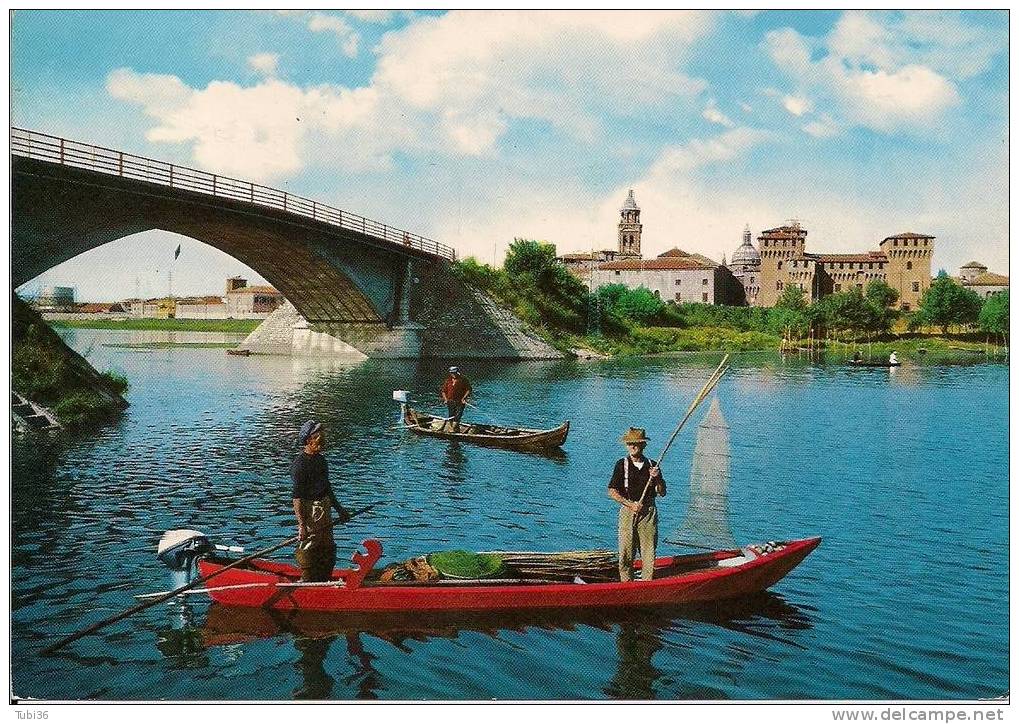 MANTOVA / LAGO INFERIORE  PONTE S. GIORGIO  E CASTELLO / COLORI VIAGGIATA  1983 /ANIMATA PESCATORI SU BARCA. - Mantova