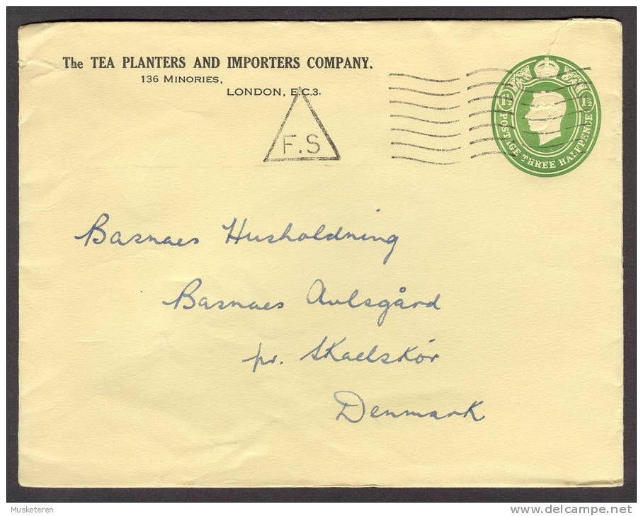 Great Britain Private Postal Stationery Ganzsache Entier Tea Planters & Importers Co. Cds. F.S. In Triangel To Denmark - Stamped Stationery, Airletters & Aerogrammes