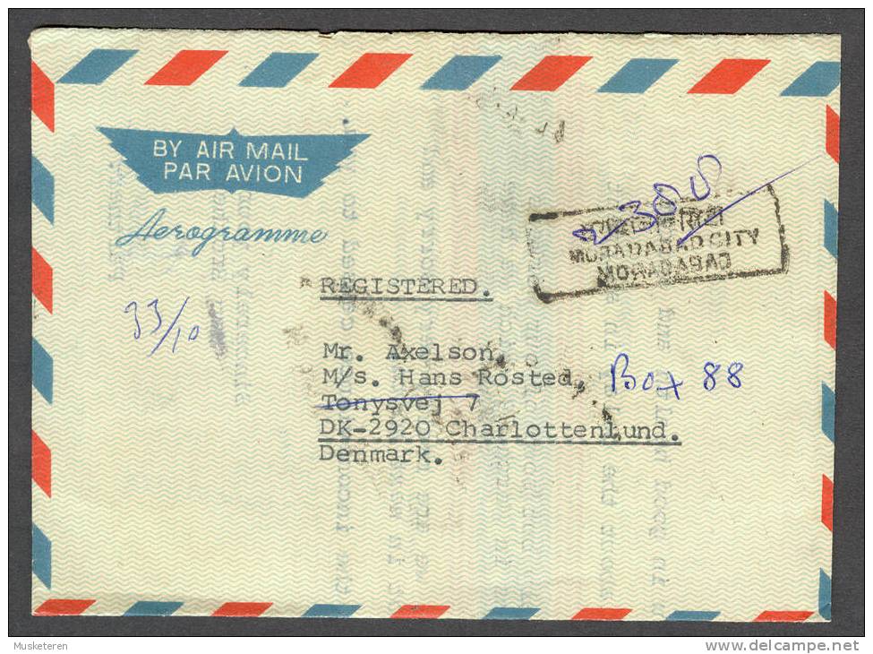 India Airmail Par Avion Aerogramme Registered Recommandé Moradabad City Cancel Backside Franked To Denmark - Luftpost