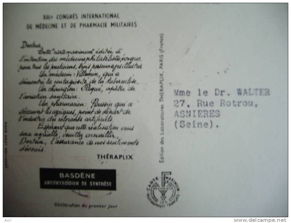 Carte Publicitaire FDC 1951 13ème Congrès International De Santé - Médecine Militaire - Val De Grâce - Pharmacy