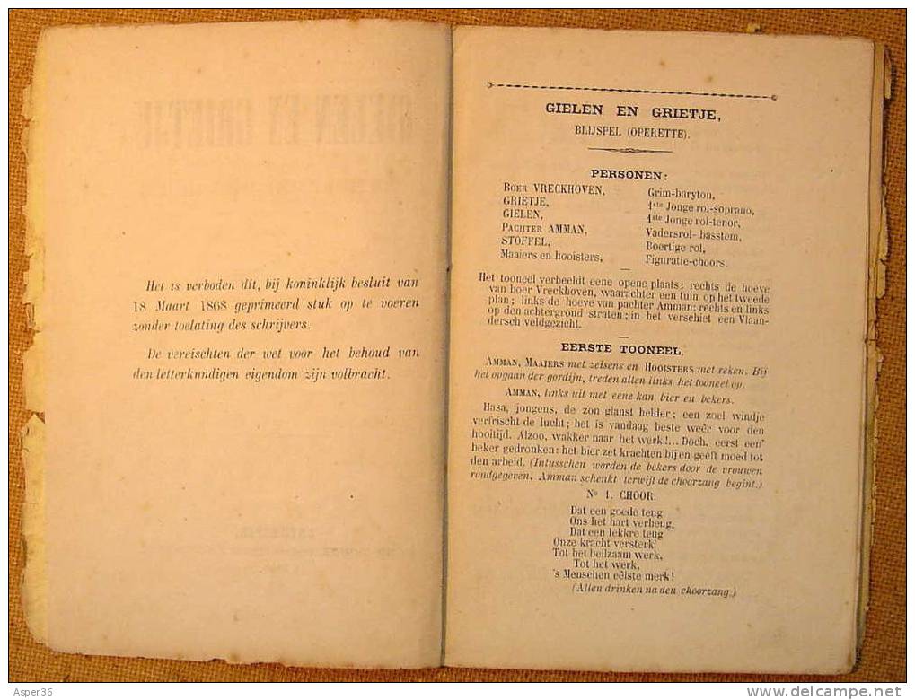 Toneel Blijspel "Gielen & Grietje" Door E.Van Driessche, Antwerpen 1868 Theater - Antique