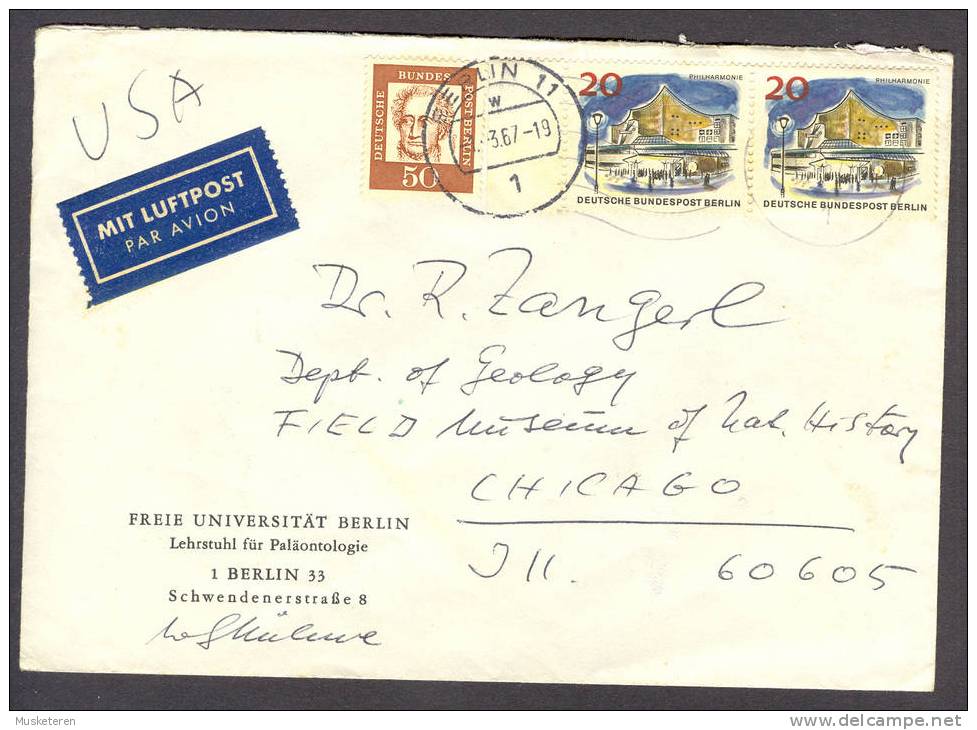 Germany Berlin Luftpost Airmail Freie Universität Berlin Brief Cover 1967 T Chicago United States USA Göethe Neue Berlin - Brieven En Documenten