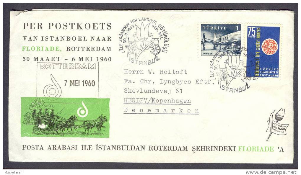 Turkey - Netherlands Horse Coach Transported Cover 30.3-6.5-1960 Istanbul-Rotterdam Special Cancel Sent To Denmark - Poste Aérienne