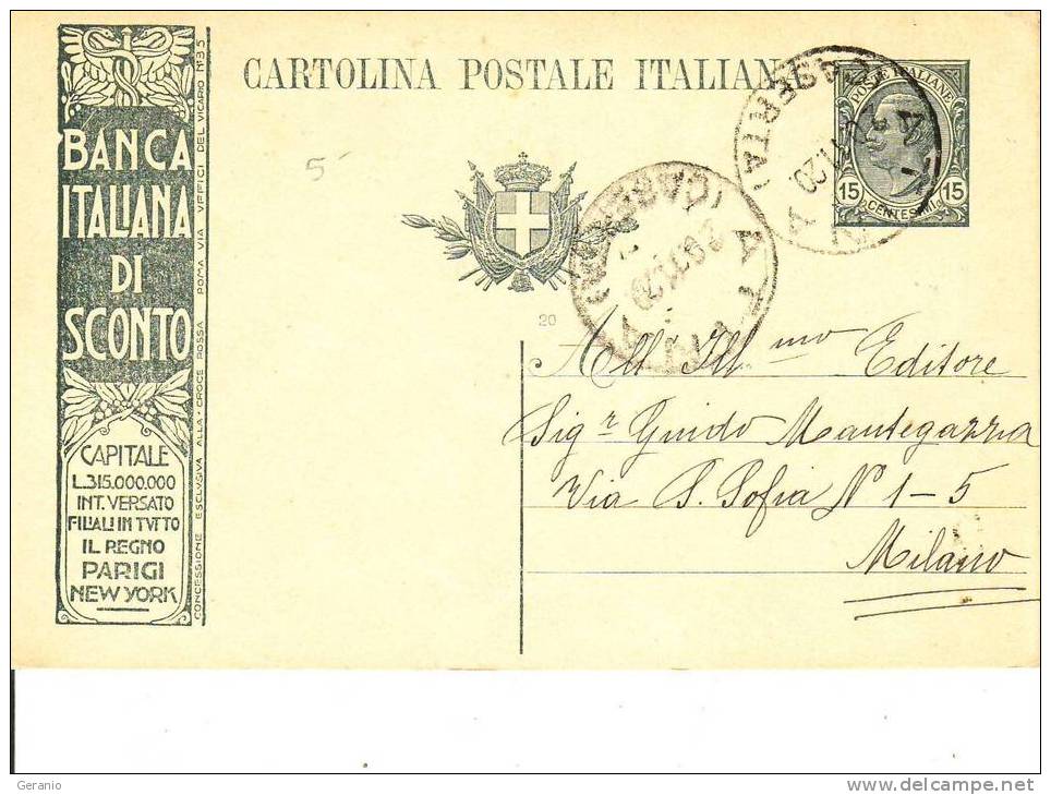 CARTOLINA POSTALE PUBBL. BANCA ITALIANA DI SCONTO PERFETTA - Entiers Postaux