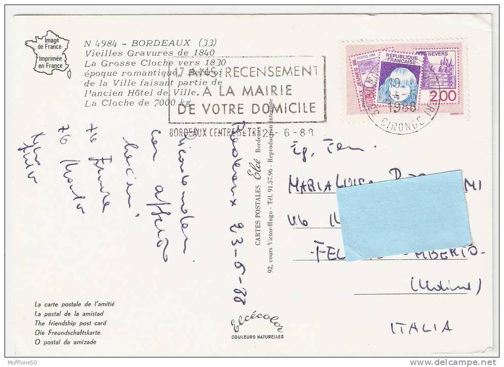 Francia 1988. Cartolina  Di  BORDEAUX - La Grosse Cloche. - Lettres & Documents
