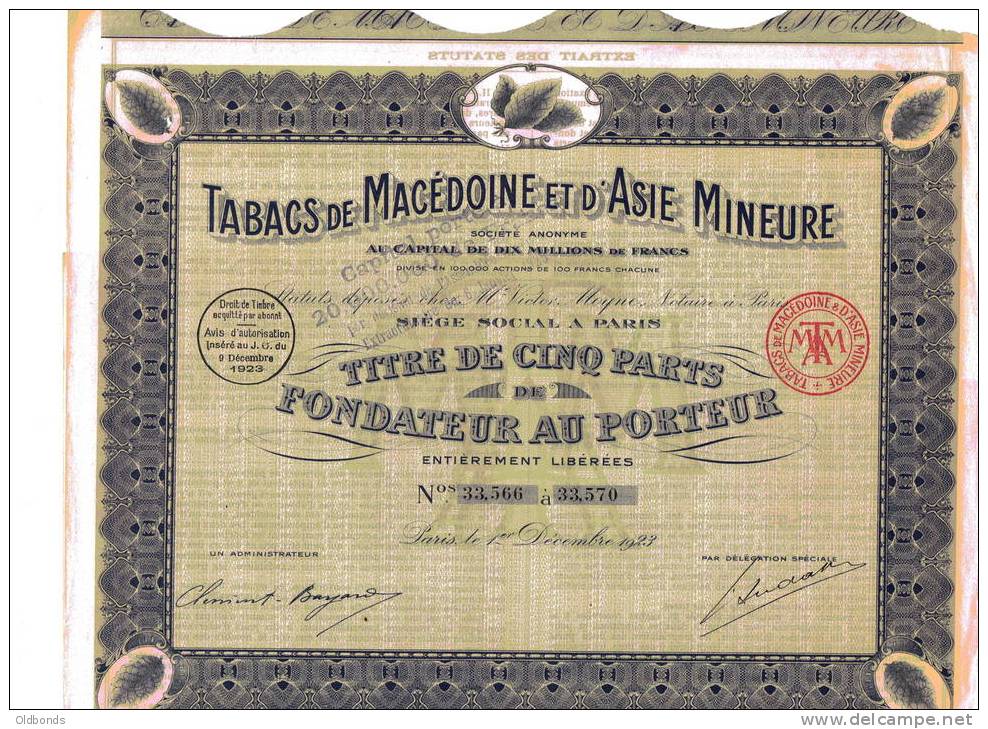 DECO : TABACS DE MACEDOINE & D´ASIE MINEURE (P.F) TITRE DE CINQ PARTS - Asia