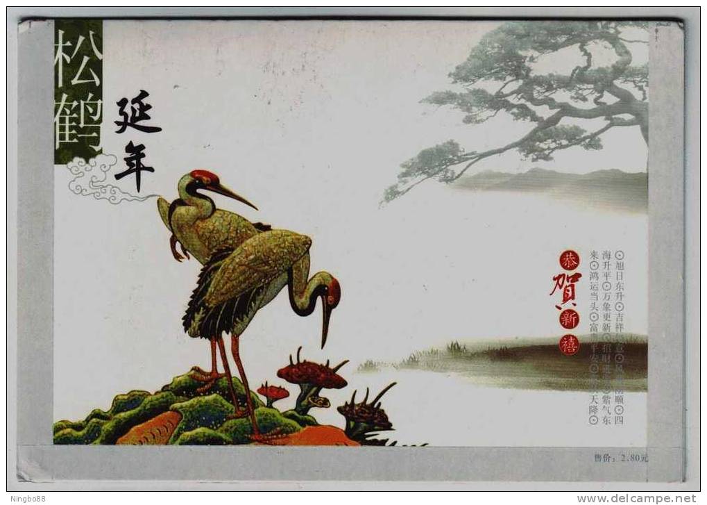 Pine Tree And Red-crowned Crane Bird,longevity Wishes,China 2009 New Year Greeting Advertising Pre-stamped Letter Card - Kranichvögel
