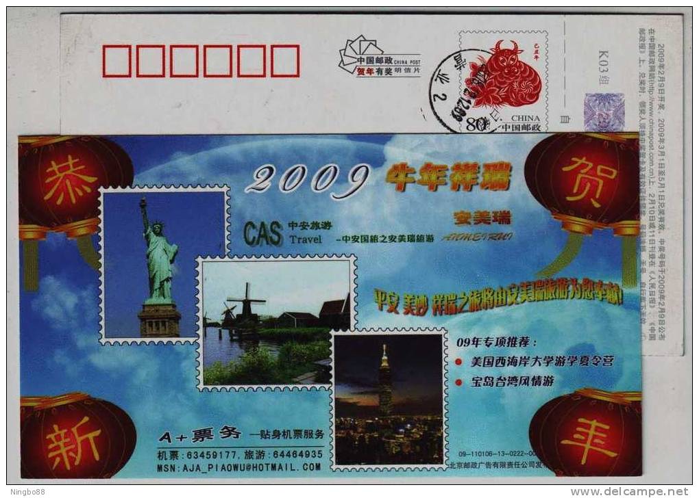 Statue Of Liberty,Dutch Windmill,Taipei 101 Building,China 2009 Anmeirui Travel Service Advertising Pre-stamped Card - Molens