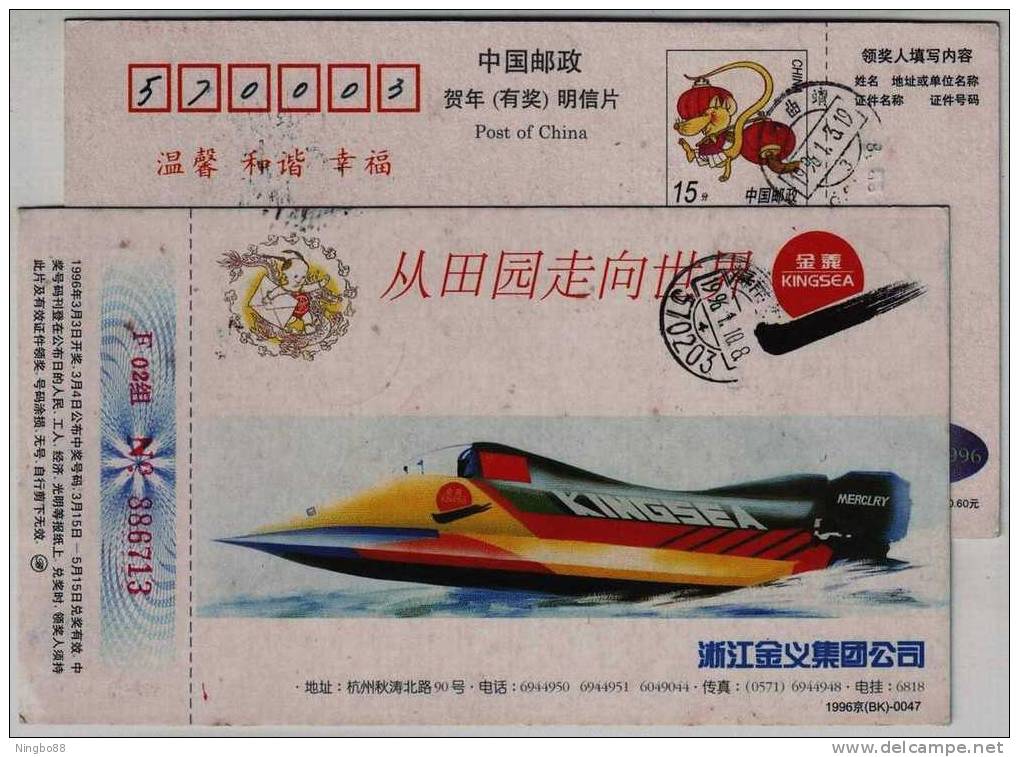 Motor-nautical Sport,motor Boat,jet Ski,China 1996 Jinyi Group Advertising Pre-stamped Card - Jet Ski