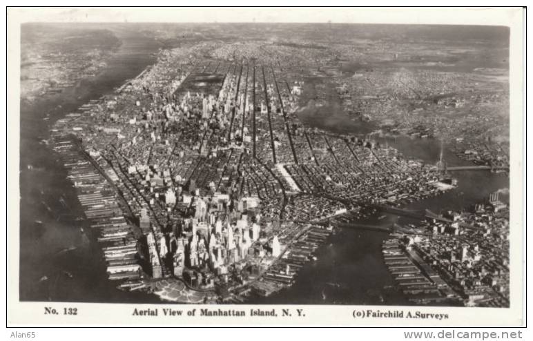 Aerial View Of Manhattan Island On Real Photo Vintage Postcard, New York Harbor, Hudson River, Bridges - Manhattan