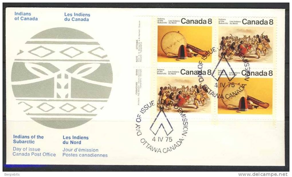 1975 Canada Cachet FDC Setenant Plate Block Of 4" SUBARCTIC INDIANS"off. Post Office Issue - 1971-1980