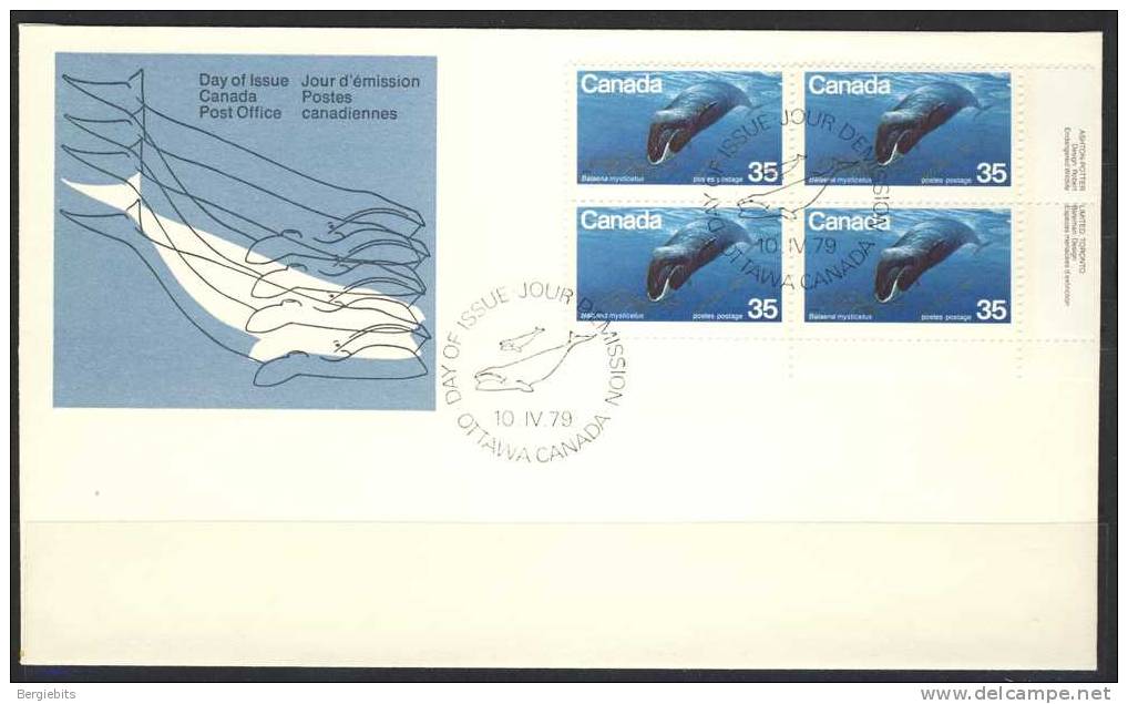 1979 Canada Cachet FDC Plate Block Of 4 " BOWHEAD WHALE " Official Post Office Issue - 1971-1980