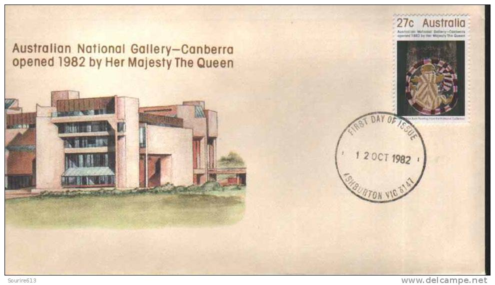 Fdc Australie 1982 Arts Musées Ouverture National Gallery Canberra Peinture Indigène Sur écorce - Museos