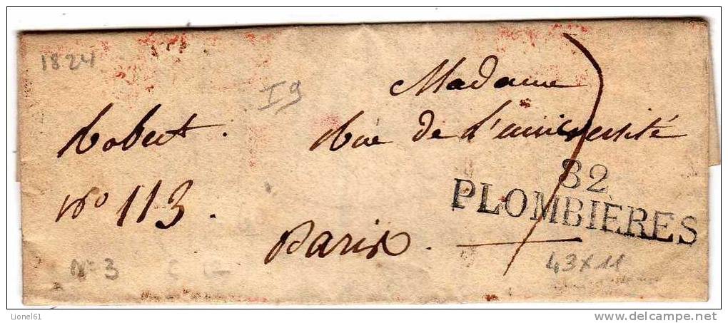 Marque Postale  VOSGES : PLOMBIERES : (Vosges) Marque 82 PLOMBIERES  43 X 11 De 1824 - 1801-1848: Précurseurs XIX