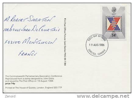 Carte Commonwealth Conference 1986 34p Oblitérée Timbre Identique A Carte - Postmark Collection