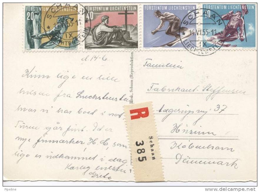 Liechtenstein Postcard With A Complete Set Very Good SPORT Stamps 14-6-1955 Sent Registered To Denmark - Liechtenstein