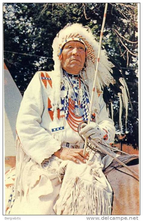 Canadian Blackfoot Indian Chief In Full War Attire, Teepee In Background - Indianer