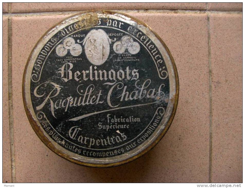 Boite Berlingots -raquillet Chabal A Carpentras Diametre 11 Cm Hauteur 6.5cm - Alcools