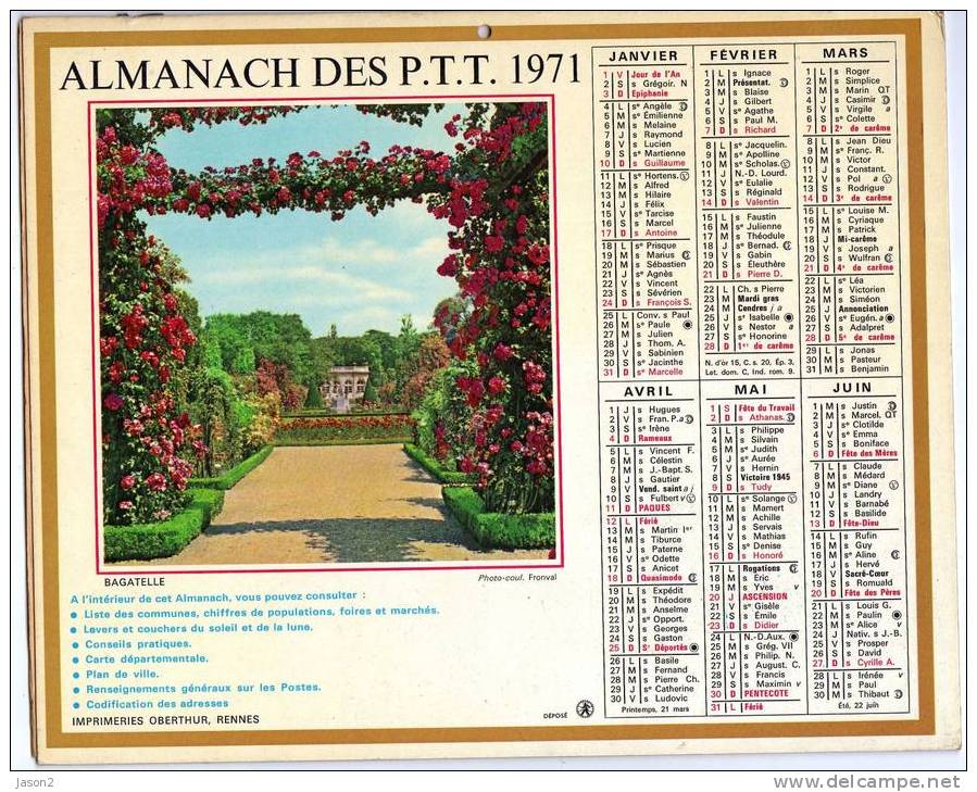 Almanach Des Ptt 1971oberthur  (departement 95 ) Bagatelle Harmonie - Formato Grande : 1971-80
