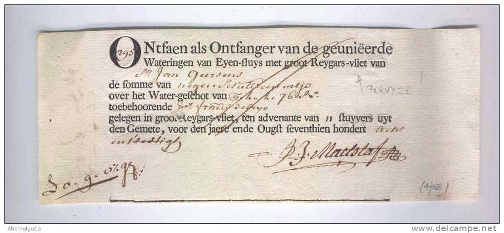 Document RECU 1768 - Ontvanger Der Waeteringen Van EYEN-SLUYS En REYGARS-VLIET (PERVYZE ?) Voor 9 Schelling   --  B0/931 - 1714-1794 (Paises Bajos Austriacos)