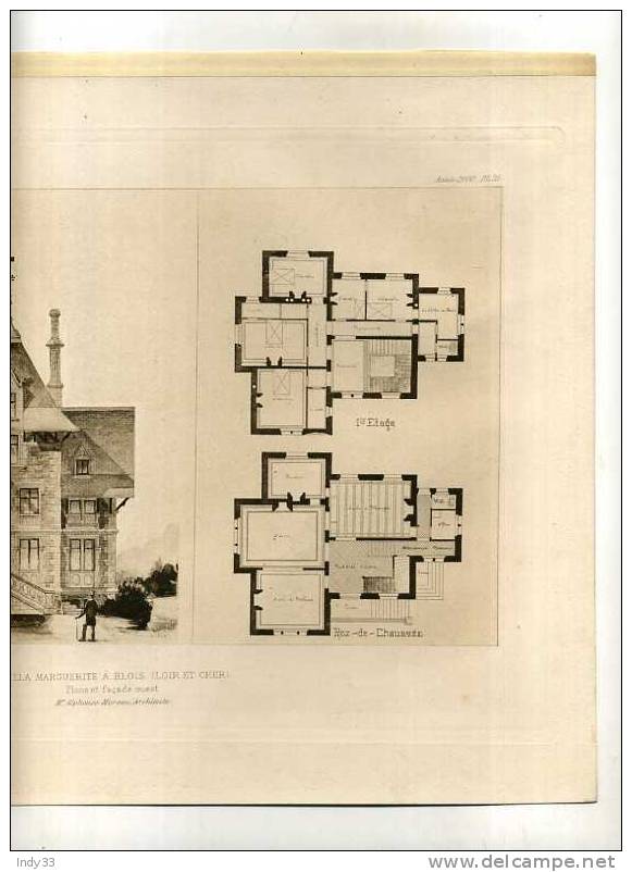 - VILLA  MARGUERITE A BLOIS . PLANS ET FACADE OUEST  . A. MOREAU  ARCHI .. PLANCHE PARUE EN 1900 . - Architektur