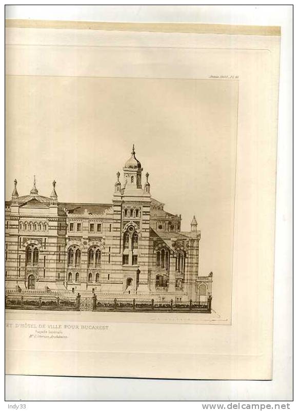 - PROJET D´HOTEL DE VILLE POUR BUCAREST . FACADE LATERALE  . G. STERIAN ARCHI. PLANCHE PARUE EN 1900 . - Architectuur