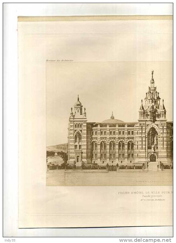 - PROJET D´HOTEL DE VILLE POUR BUCAREST . FACADE PRINCIPALE . G. STERIAN ARCHI. PLANCHE PARUE EN 1900 . - Architecture