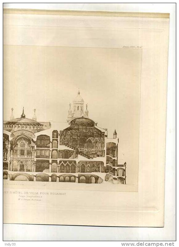 - PROJET D´HOTEL DE VILLE POUR BUCAREST . COUPE . G. STERIAN ARCHI. PLANCHE PARUE EN 1900 . - Architecture