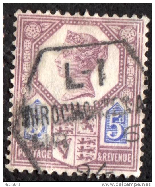 GRAN BRETAGNA - BREAT BRITAIN - 1887 Regina Vittoria 5 D - ANNULLO THROGMORTON.A ESAGONALE ANNO 1894 - Used Stamps