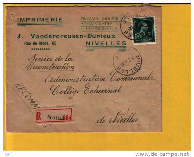 696  Op Aangetekende Brief Met Stempel NIVELLES E (VK) - 1936-1957 Open Kraag