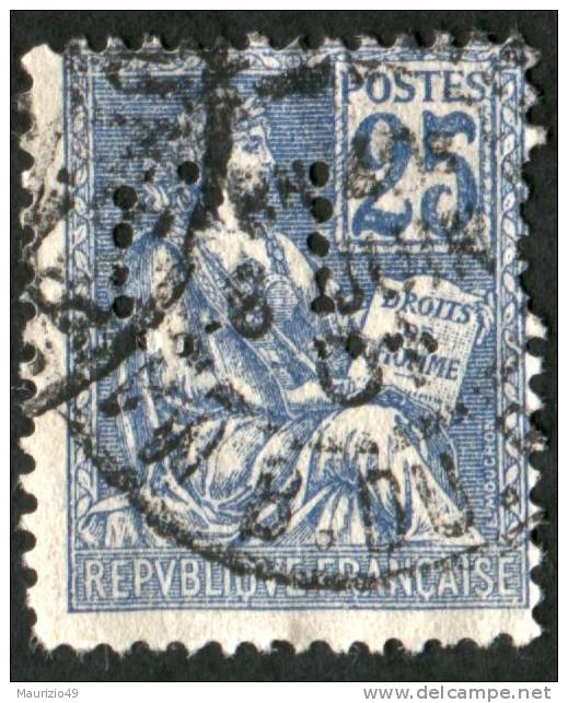 FRANCIA 1900 - 01 TIPO " MOUCHON" 25 CENT AZZURRO PERFIN  "CL... - Perfored Stamps - Usati