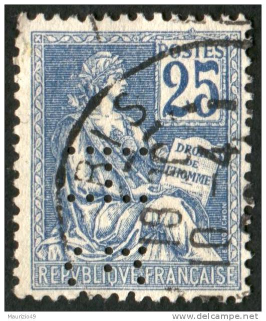 FRANCIA 1900 - 01 TIPO " MOUCHON" 25 CENT AZZURRO PERFIN  "GH... - Perfored Stamps - Oblitérés