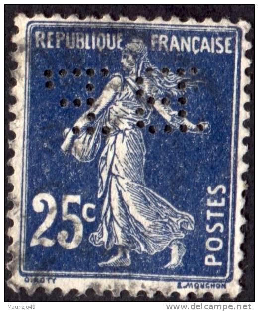 FRANCIA 1907 NR 140 Seminatrice 25 CENT AZZURRO  - PERFIN  "BF..." - Perfored Stamps - Usados