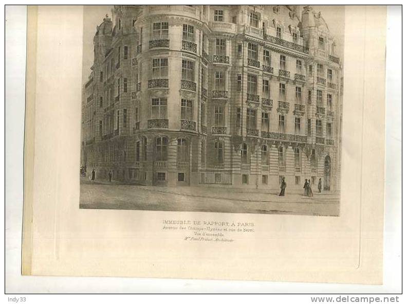 - FRANCE 75 . IMMEUBLE AV. DES CHAMPS-ELYSEES ET RUE DE BERRI  FACADE . P. FRIESE ARCHI . PLANCHE PARUE EN 1900 . - Architecture