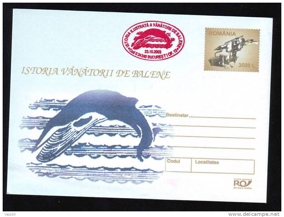 WHALE BALEINE- Hunting,entier Postal Stationery 179/2003,PMK BUCHAREST  2003 RED RARE. - Baleines