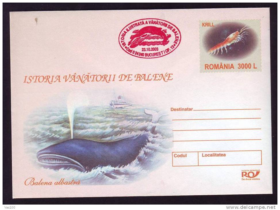 WHALE BALEINE- Hunting,entier Postal Stationery 190/2003,PMK BUCHAREST  2003 RED RARE. - Baleines