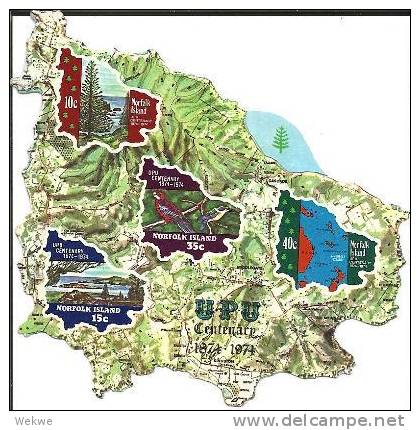 Norfolk Isl. Block 1 (164-67) 1974, Inselkarte, 100 Jahre UPU** - Norfolkinsel