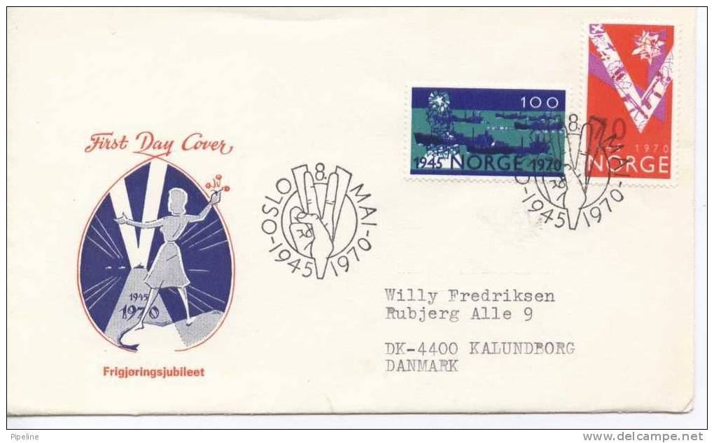 Norway FDC The Liberation For 25 Years With Cachet Sent To Denmark 8-5-1970 - FDC